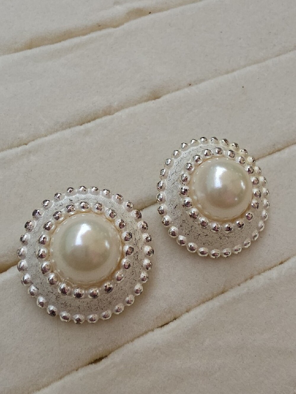 ALFRED SUNG: Silver-Tone Earrings with Faux Ivory Pearl Centers